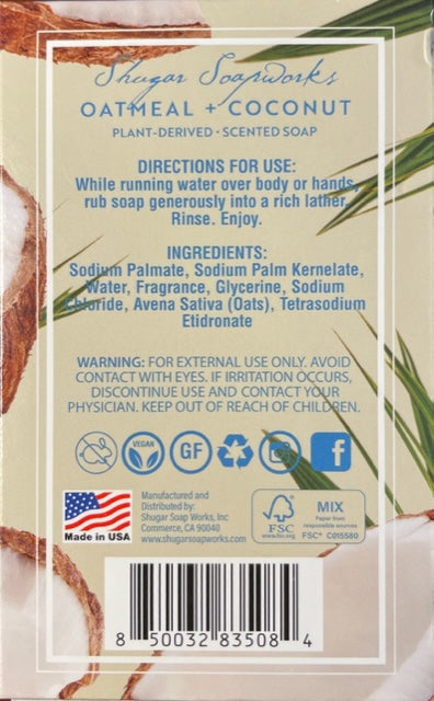 Shugar Soapworks Oatmeal & Coconut Plant-Derived Scented Soap