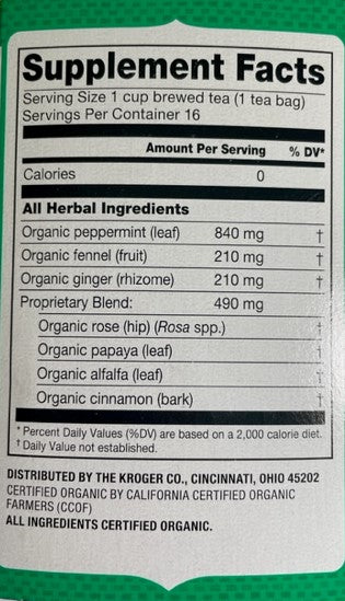Herbal Tea Simple Truth Organic Digestive Supplement Peppermint, Fennel & Ginger