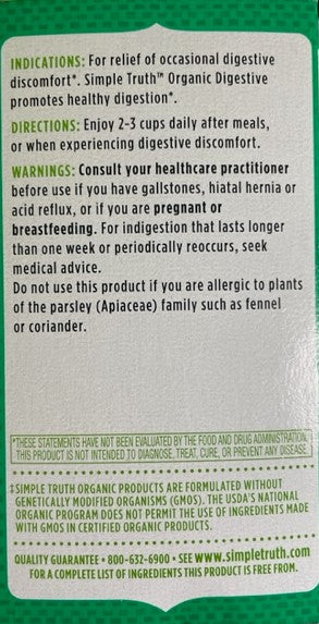 Herbal Tea Simple Truth Organic Digestive Supplement Peppermint, Fennel & Ginger