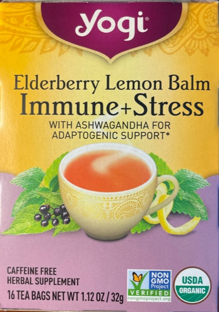 Herbal Tea Yogi Elderberry Lemon Balm Immune + Stress with Ashwagandha for Adaptogenic Support