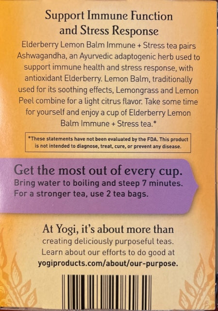 Herbal Tea Yogi Elderberry Lemon Balm Immune + Stress with Ashwagandha for Adaptogenic Support