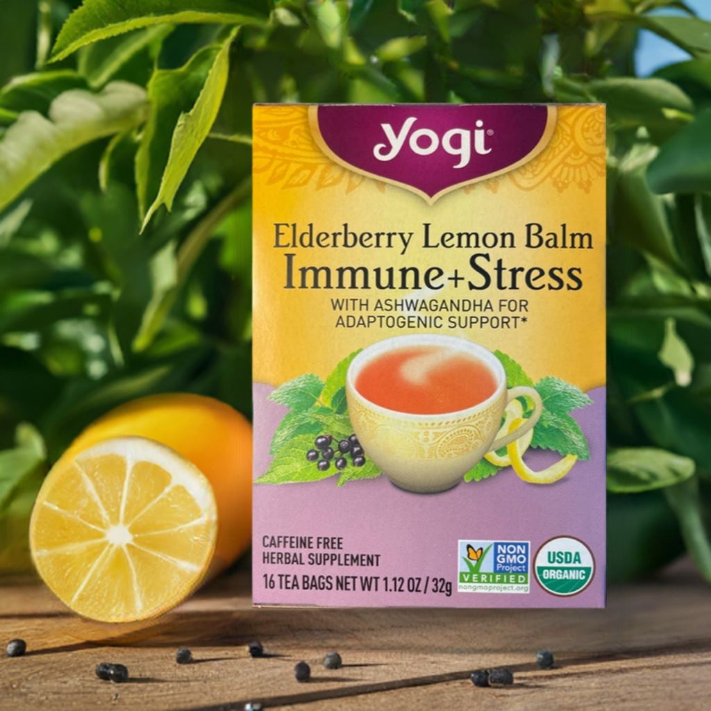 Herbal Tea Yogi Elderberry Lemon Balm Immune + Stress with Ashwagandha for Adaptogenic Support